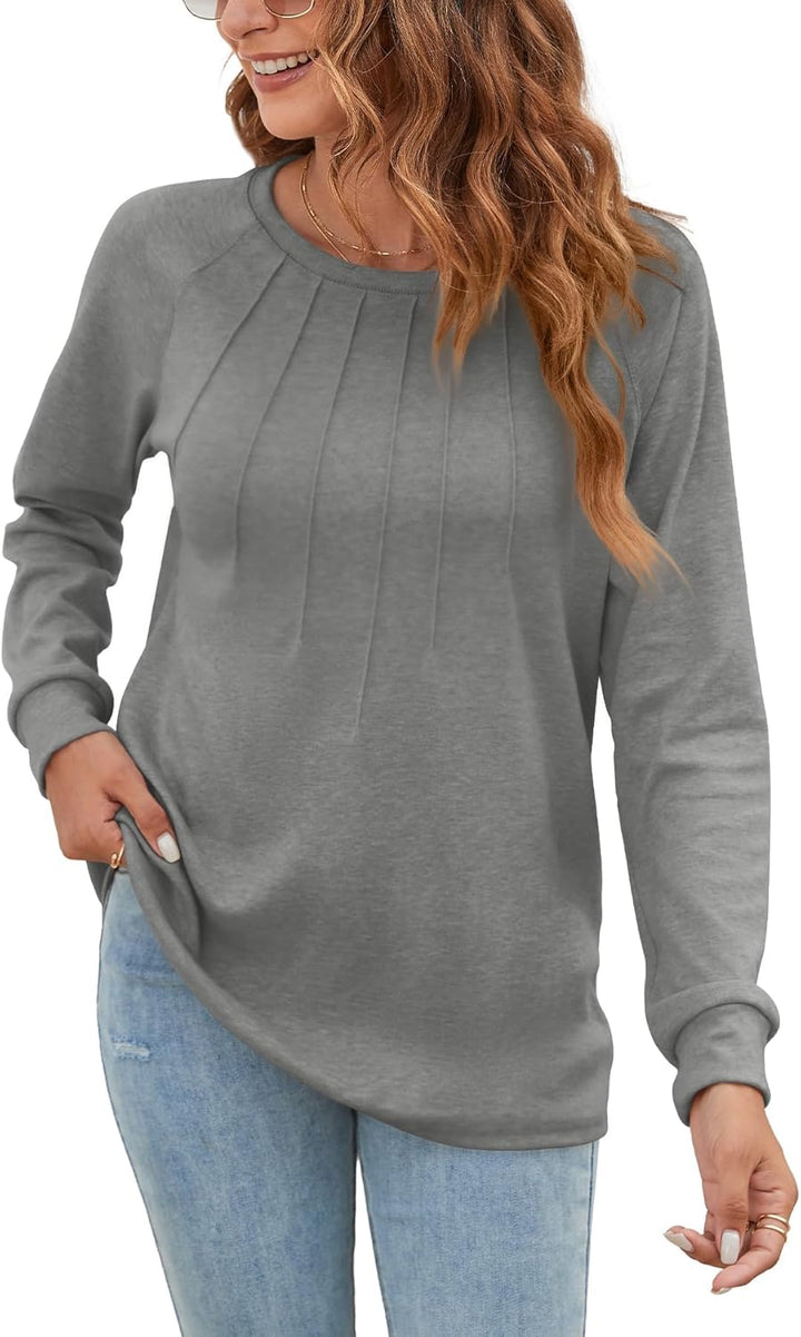 Langarmshirt Damen Rundhals Casual Locker Falten Tshirt Langarm Damen Oberteile Elegant Grau S, Grau