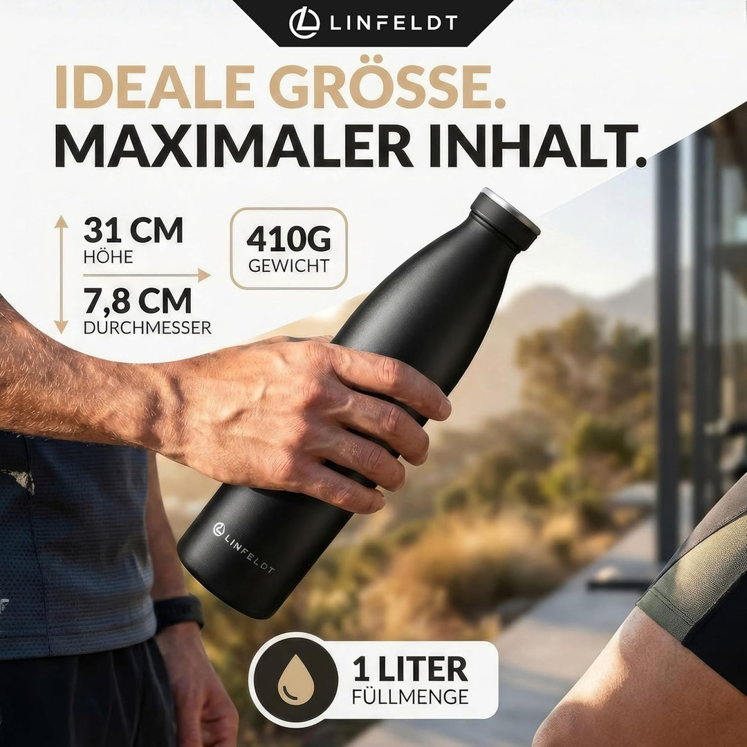 LINFELDT® 1L Trinkflasche Edelstahl Isoliert 24H Auslaufsicher + Sprudel | 1000ml Wasserflasche geig