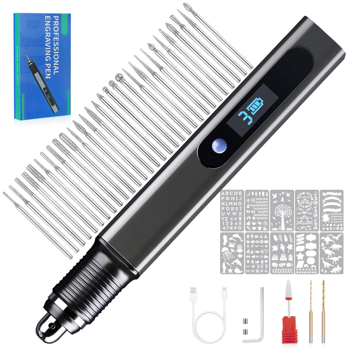 Gravierstift Kit Wiederaufladierbar mit 33 Bits 10 Schablonen Mini Graveur Gravurwerkzeug Zu 21000 U