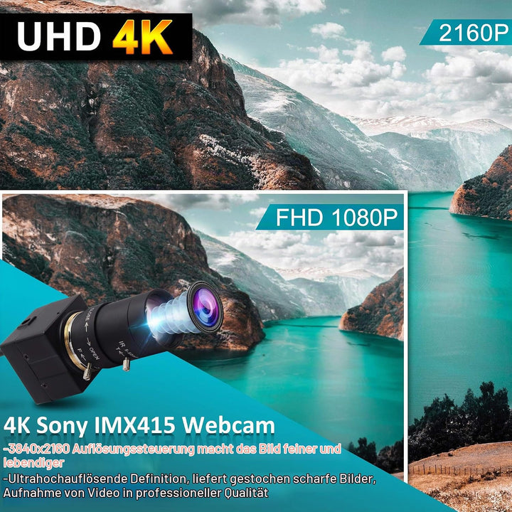 ELP 4K Webcam,2160P Zoom Web Kamera mit 5-50mm Manuell Objektiv,Variable Fokus Ultra HD Kamera,Plug