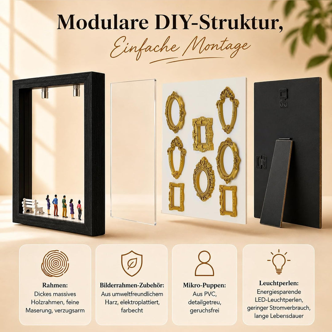 DIY Mini Museum Silhouette Box Set mit LED Licht – 8 Goldene Rahmen & 8 Figuren, Museum of Us, Mini