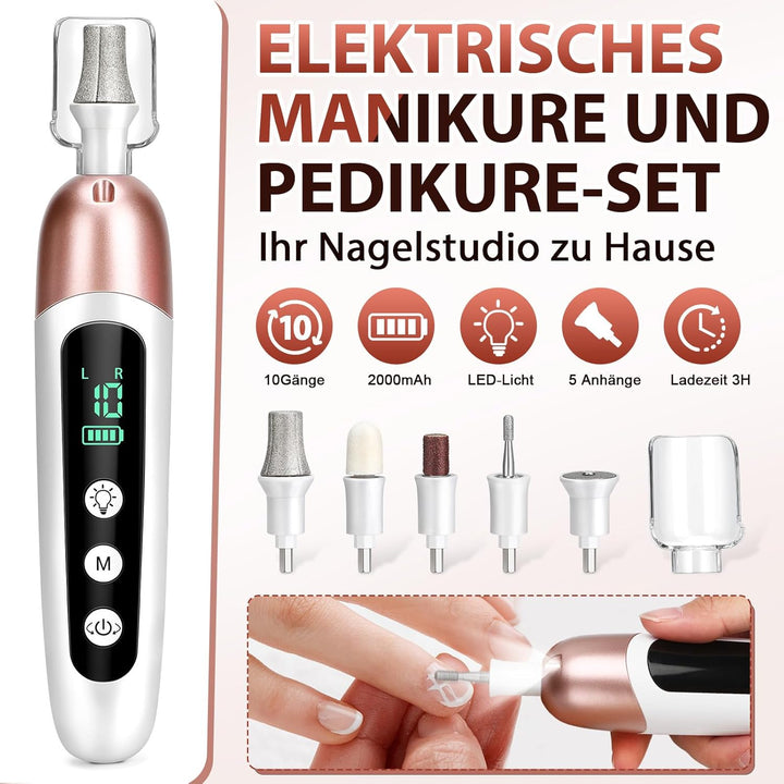 Maniküre Pediküre Set mit 10-Gang und LED Licht,Tragbare Elektrische Nagelfeile 2000 mAh Wiederaufla