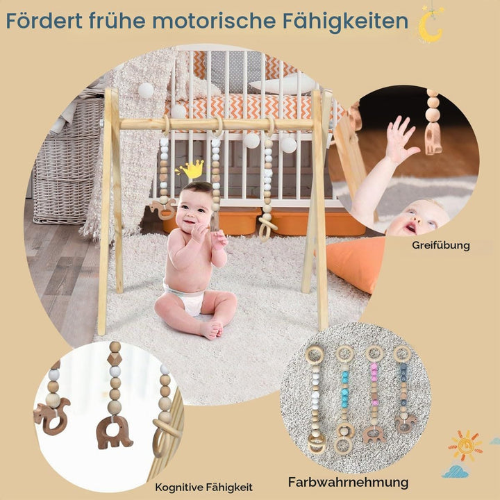 LIFEZEAL Spieltrapez, Spielbogen Baby Holz, Babyspielgerät mit 3 Spielzeugen, Holzspielzeug baby, Ba
