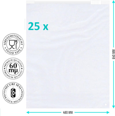 25x Sehr Grosse Gleitverschlussbeutel, 480x640 mm, folienstarke 70 µm, Ziehverschlussbeutel im premi