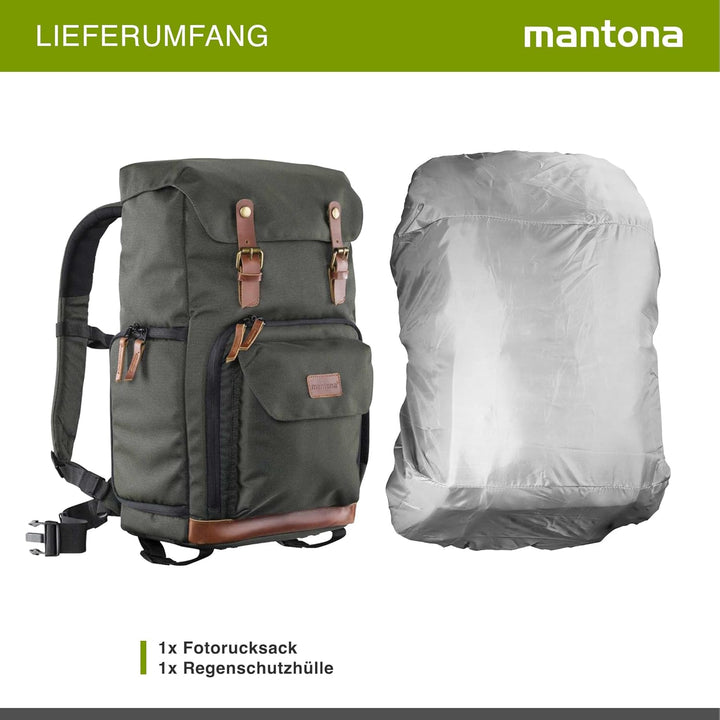 Mantona 21343 Luis Retro Fotorucksack (mit Echtleder-Applikationen, inkl. Regenschutzhülle, flexible