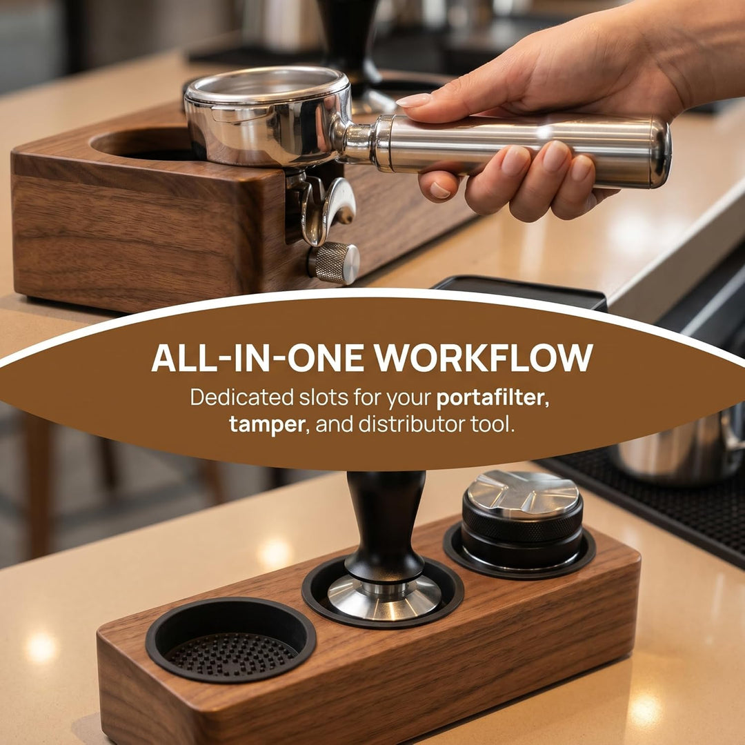 Tamperstation 58mm Espresso Tamping Station aus Walnussholz Multifunktionale Tamper Station für Sieb