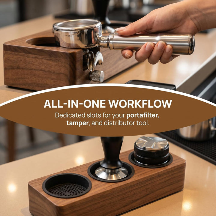 Tamperstation 58mm Espresso Tamping Station aus Walnussholz Multifunktionale Tamper Station für Sieb
