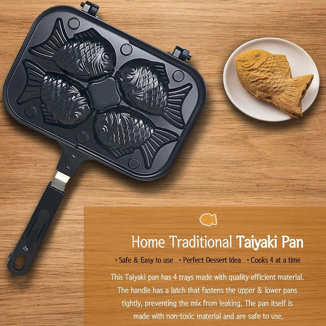 Taiyaki Fish Shape Cake Pan, 4 Trays Non Stick Waffle Cake Maker Pan mit Anti Scalding Handle, Alumi