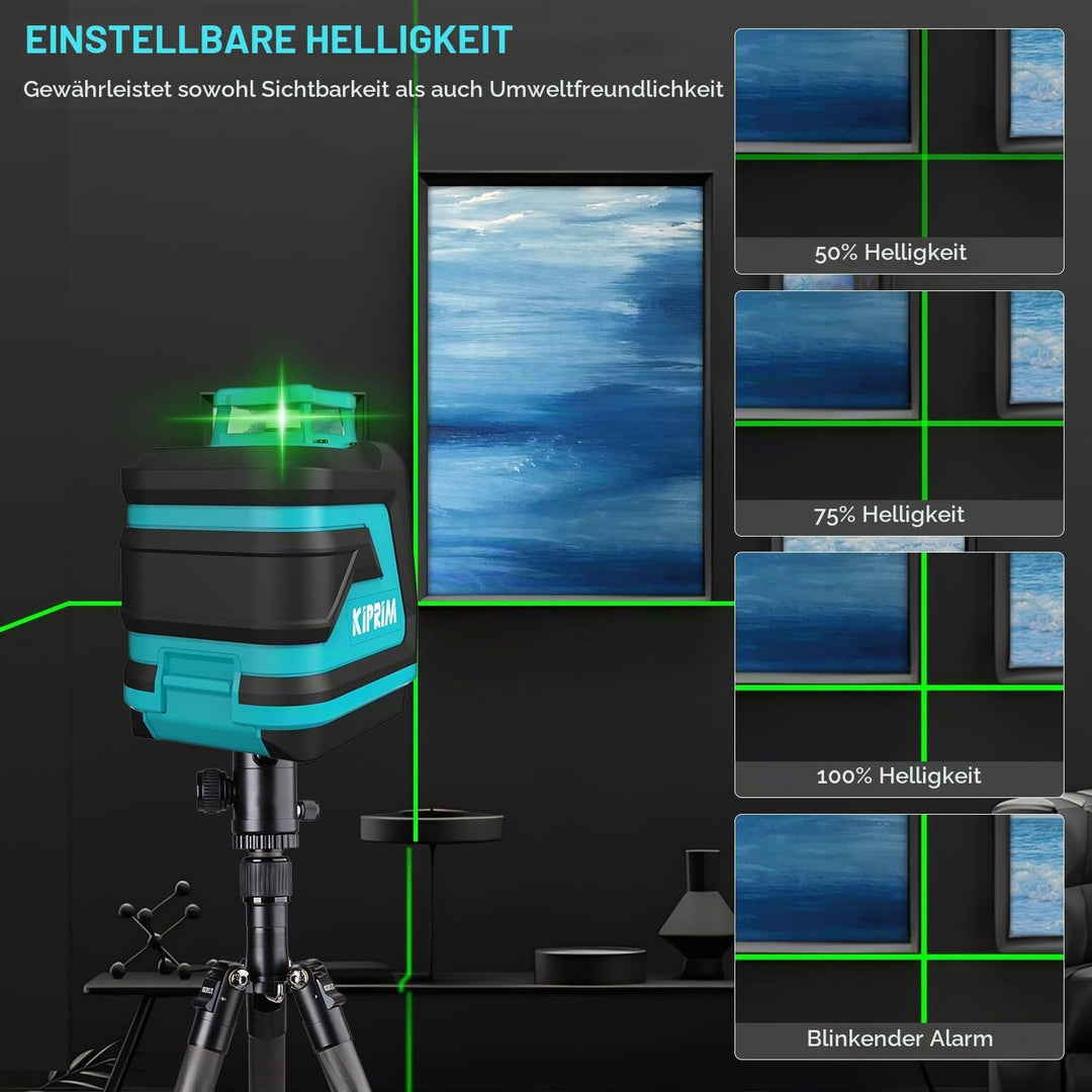 Kiprim Grüner Kreuzlinienlaser LV8D mit Verbesserter Sichtbarkeit,5 Laserlinien,Einstellbarer,Hellig