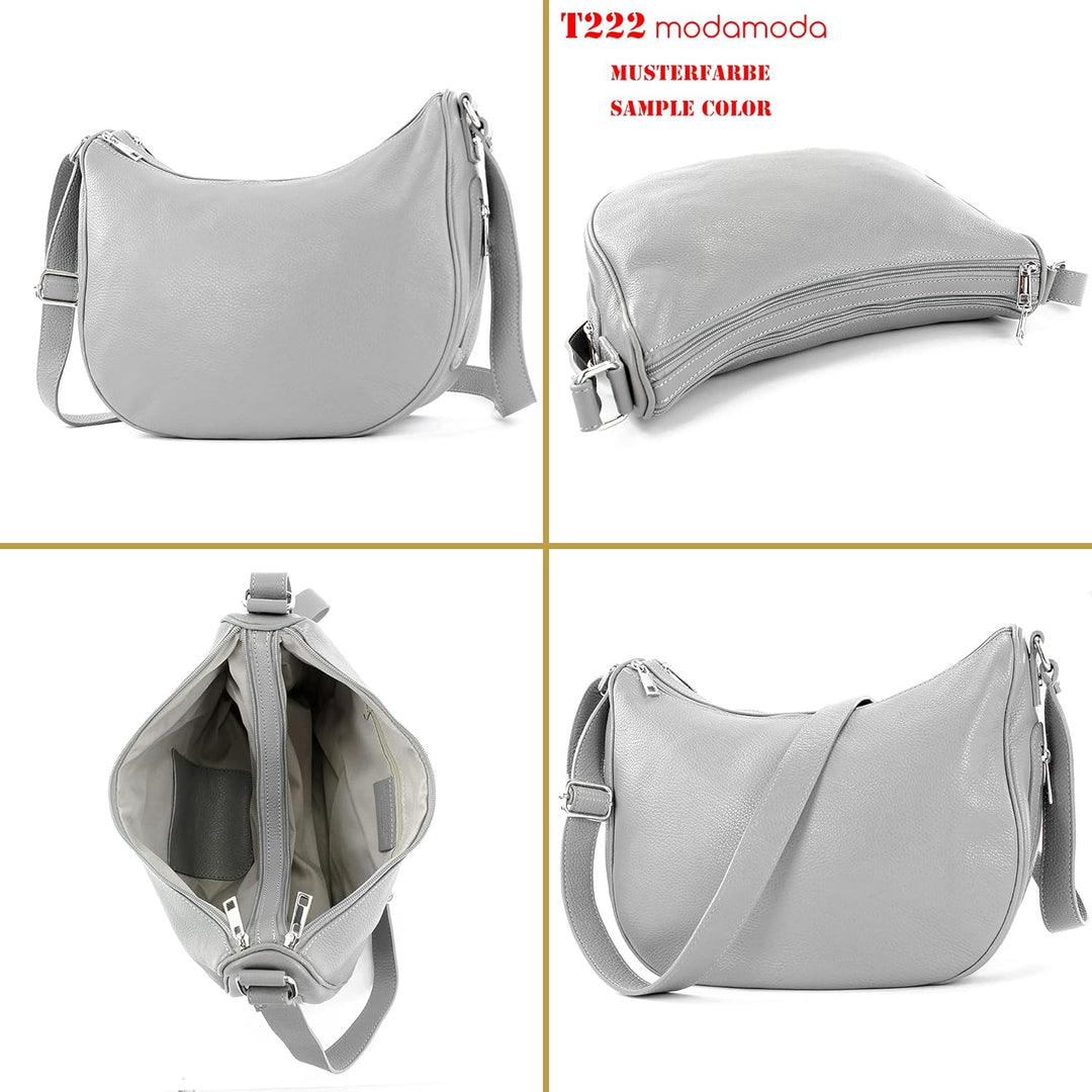 modamoda de - T222 - ital. Umhängetasche Schultertasche aus Leder Graubeige, Graubeige