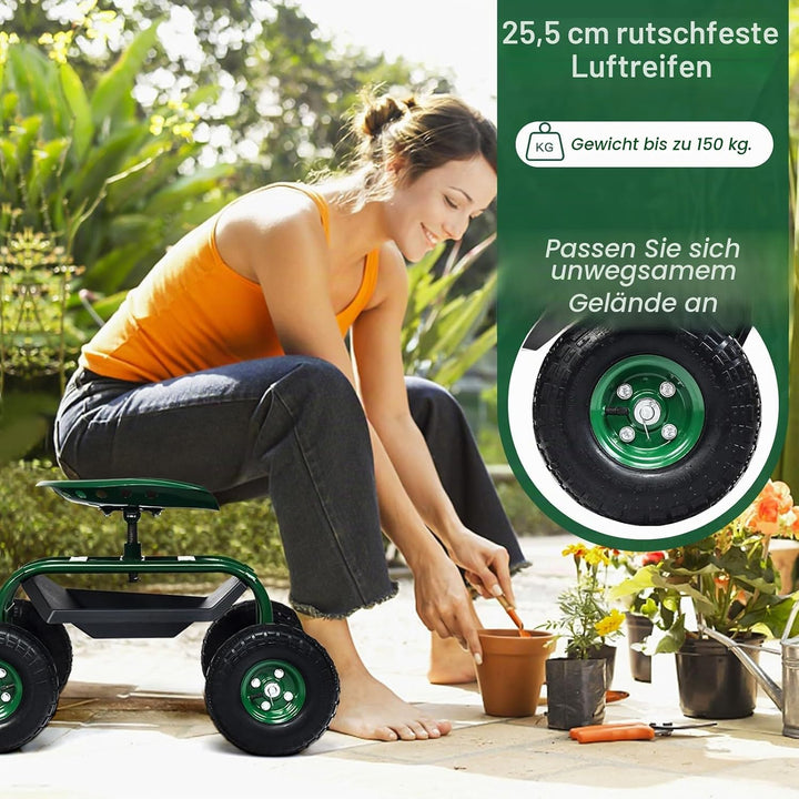 RELAX4LIFE Rollsitz mit Ablage Korb, Gartensitz mit Ausziehbarem Griff 4 Rädern, Gartenrollsitz Fahr