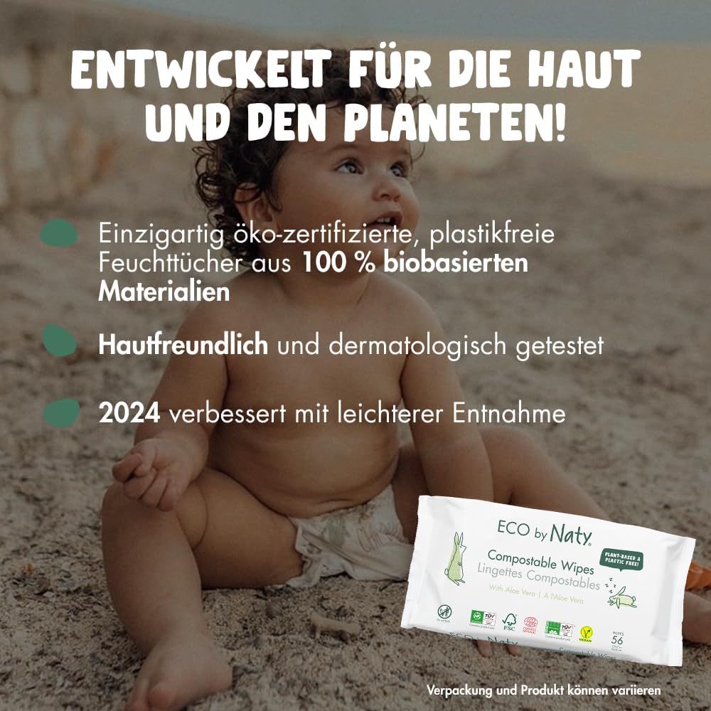 Eco by Naty Parfümfreie Aloe Vera Baby Feuchttücher - 100 % kompostierbare und pflanzliche Tücher, g