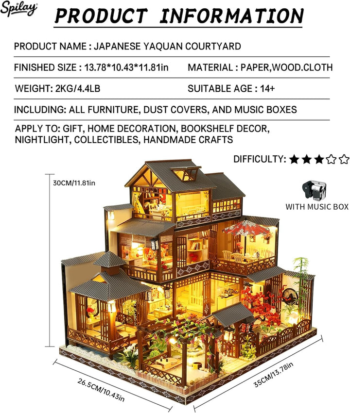 Spilay DIY Miniature House, Mini Handgefertigte Grosse Japanische Hof Modell Plus mit & Musik Box, 1