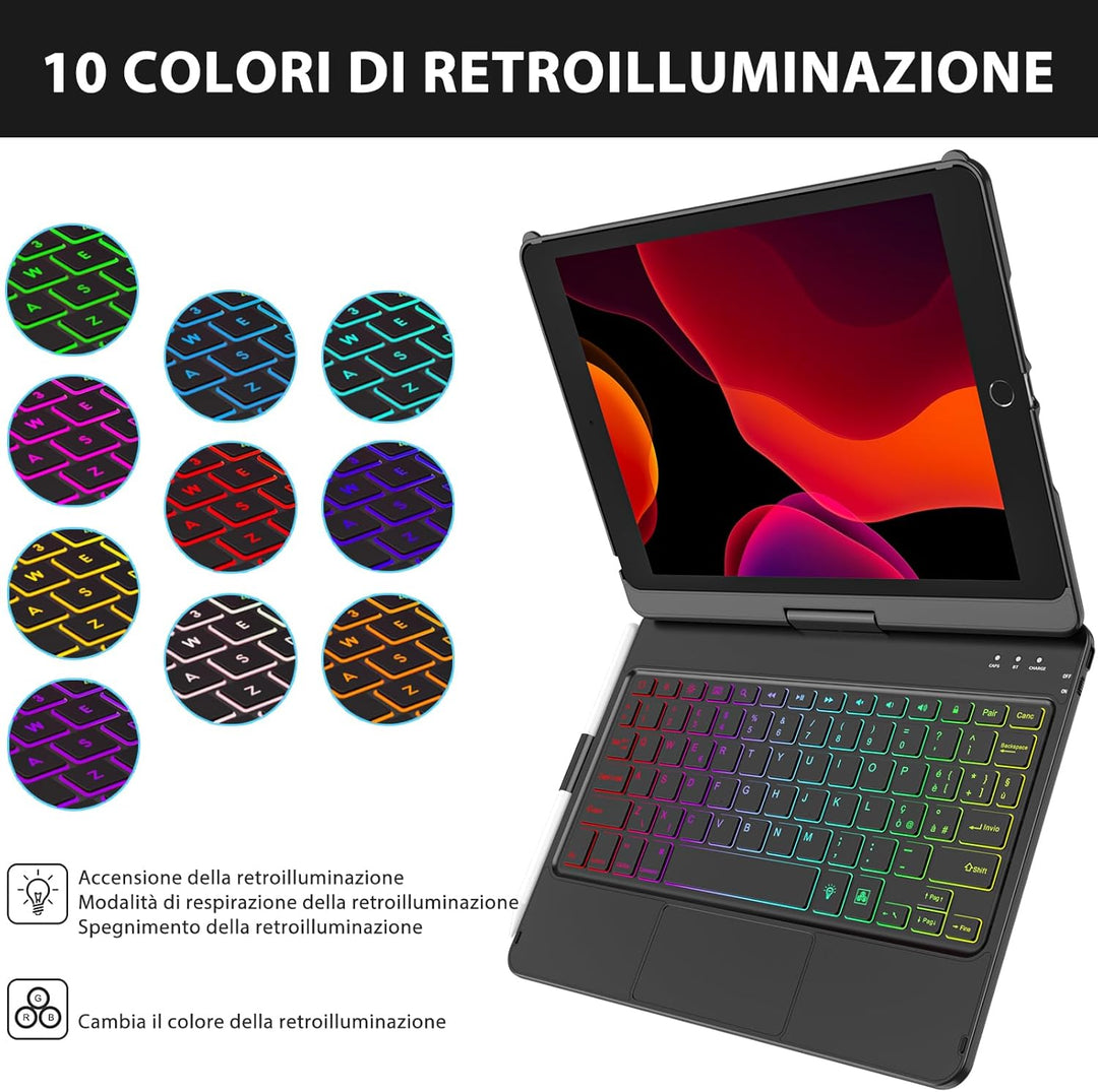SZO iPad 10.2 Tastatur Hülle für iPad 9/8/7, Schwarz, Bluetooth, 360° Touchpad Flip Cover, 7 Hinterg