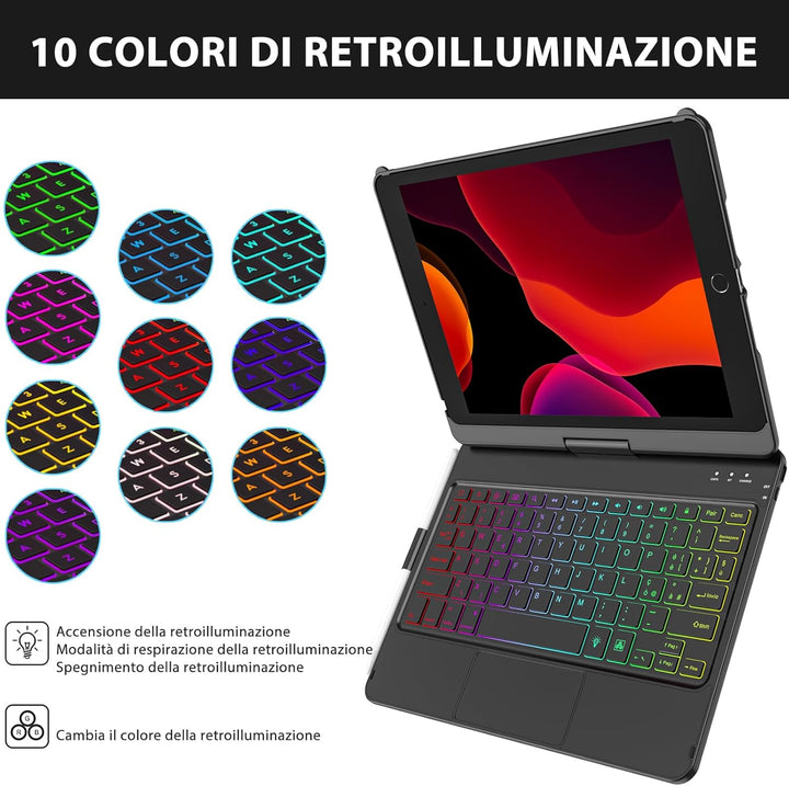 SZO iPad 10.2 Tastatur Hülle für iPad 9/8/7, Schwarz, Bluetooth, 360° Touchpad Flip Cover, 7 Hinterg