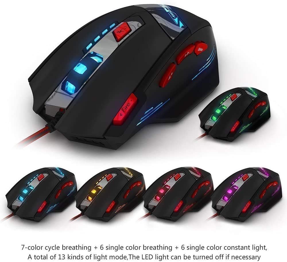 zelotes Gaming Maus,9200 DPI, 8 Programmierbare Tasten,8 Gewichtsblöcke,Multi-Modi LED,Ergonomische