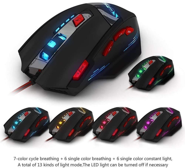 zelotes Gaming Maus,9200 DPI, 8 Programmierbare Tasten,8 Gewichtsblöcke,Multi-Modi LED,Ergonomische