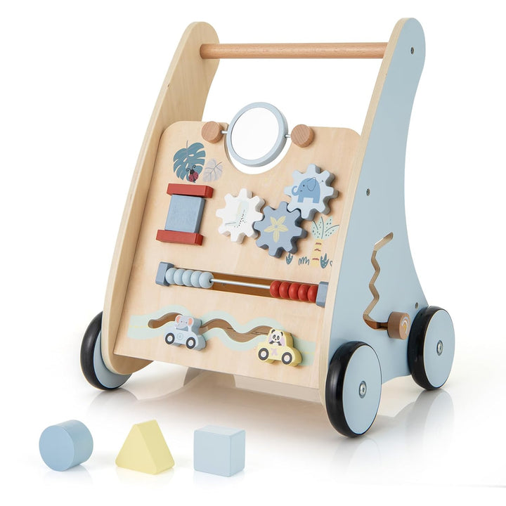 DREAMADE Lauflernwagen Holz, Baby Lauflernhilfe mit Spiegel & Spielzeug, Gehfrei Baby Holzspielzeug