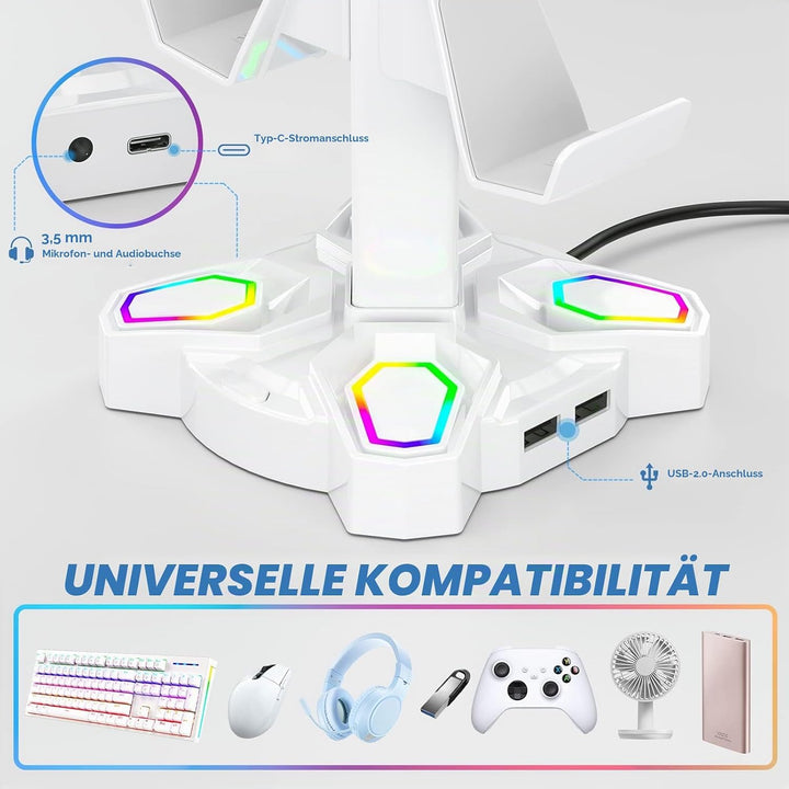 RGB Kopfhörer Halter, KDD Headset Halterung Drehbar mit 9 Lichtmodi, Controller Halter mit 2 USB Ans
