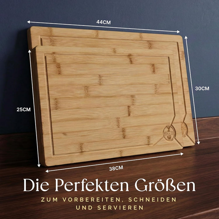 Deer & Oak Schneidebrett Holz Set – XXL & Gross (43x30 & 38x25cm) Bambus Küchenbretter, Vorgeölt, Me