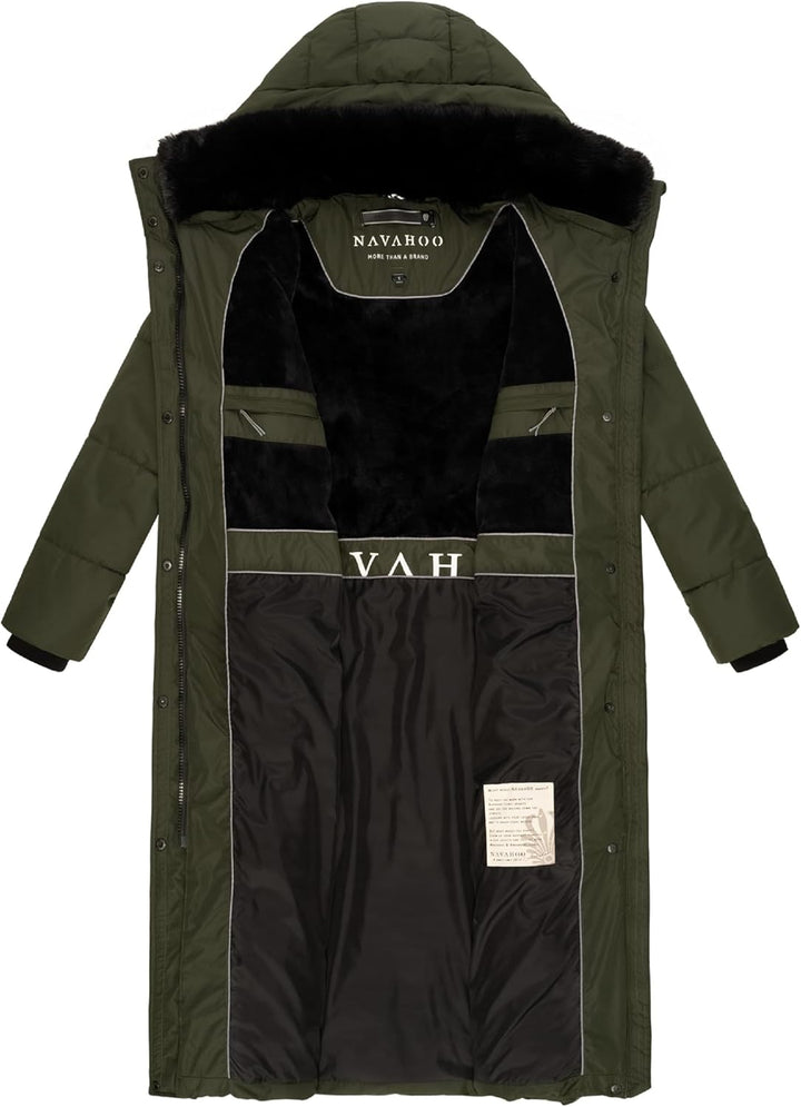 Navahoo Damen Wintermantel Warmer Steppmantel extralang mit Abnehmbarer Kapuze Hingucker XIV XS-5XL