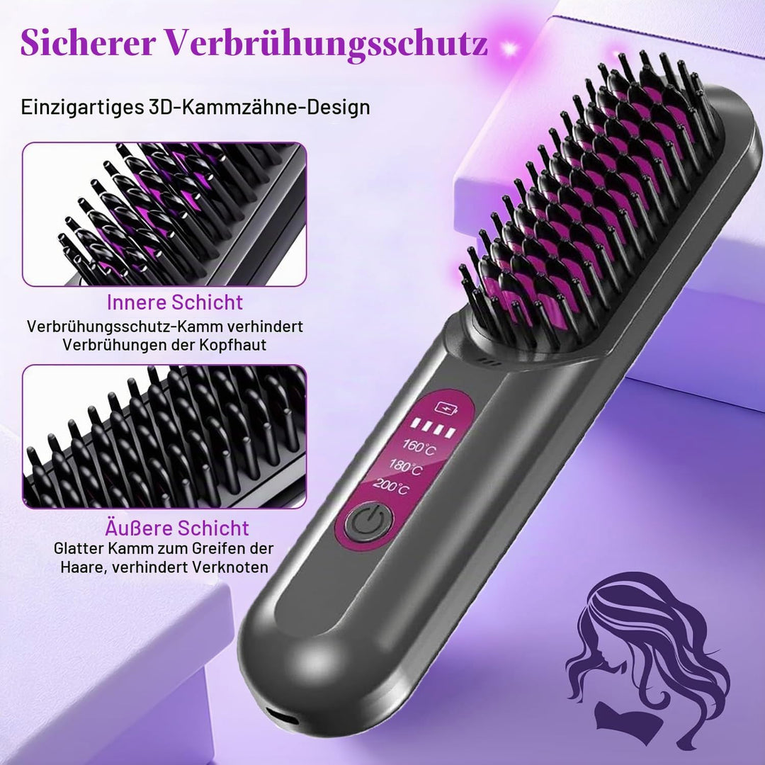 Glättbürste Kabellos, Stylingbürste Für Kurze Langes Haare, Haarglätter Bürste Kabellos mit 3 Wärmes