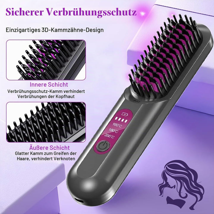 Glättbürste Kabellos, Stylingbürste Für Kurze Langes Haare, Haarglätter Bürste Kabellos mit 3 Wärmes