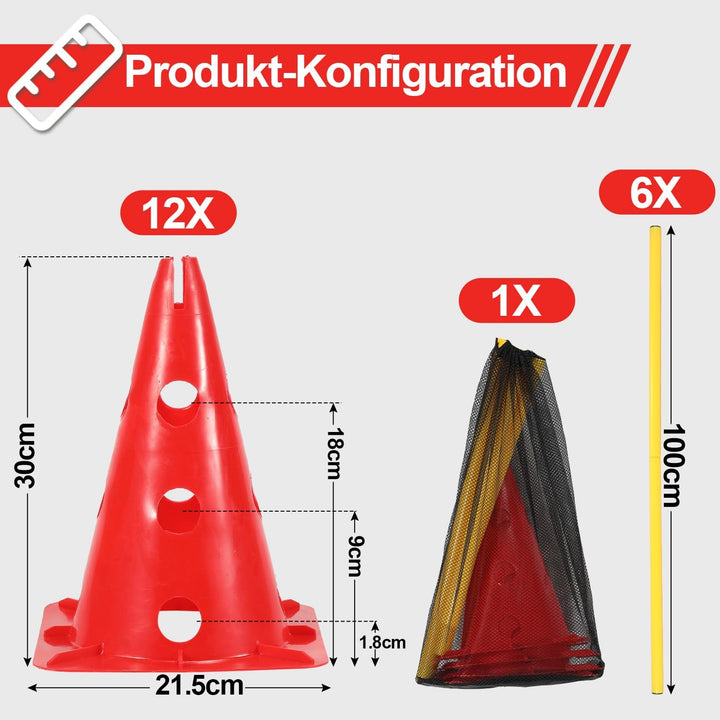 Steckhürdenset 12 Kegel mit 6 Stangen, Agility Hürden Steckhürden Set, Koordinationstraining für Kin