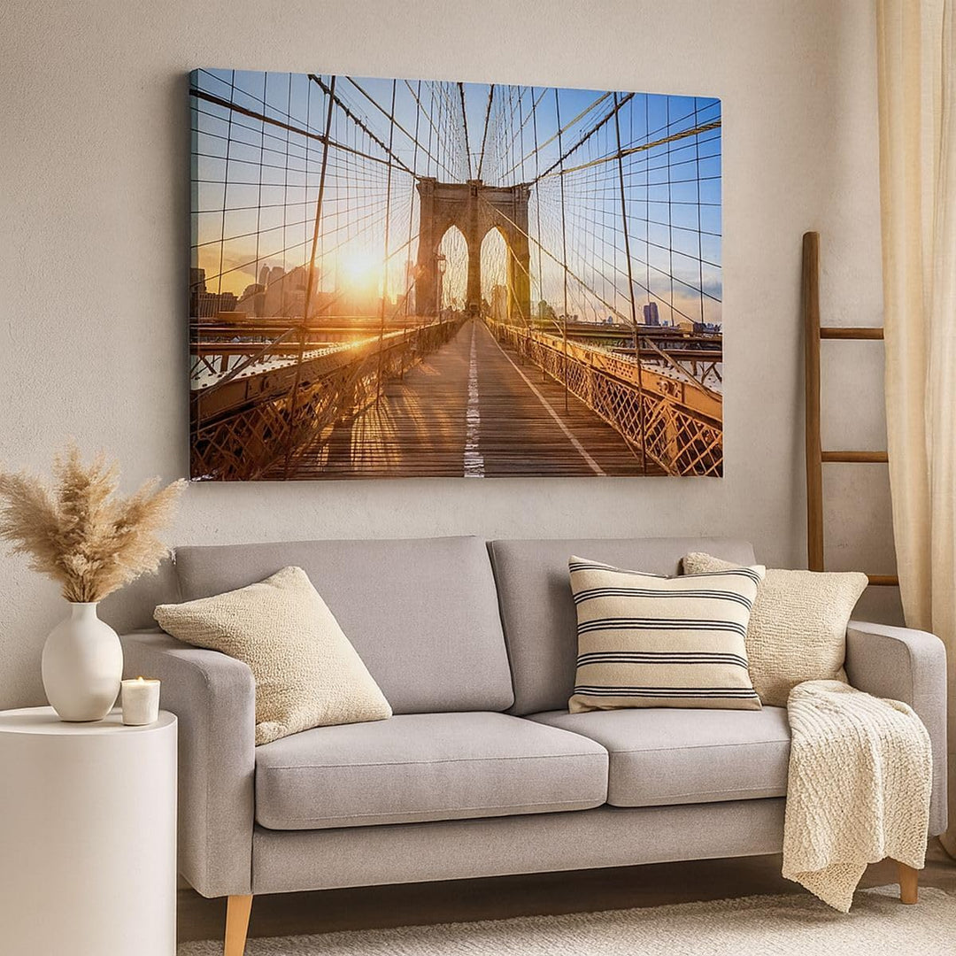 Bilder auf Leinwand 100x70cm Leinwandbild mit Rahmen New York Brücke Gross Wanddeko Bild Schlafzimme