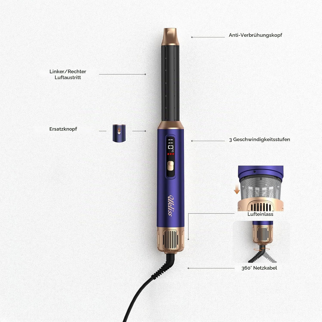 UKLISS Hairstyler 6 in 1 Air Styler Set [mit Diffusor], Pro Hair Styler Set Gold Blau, Gold Blau
