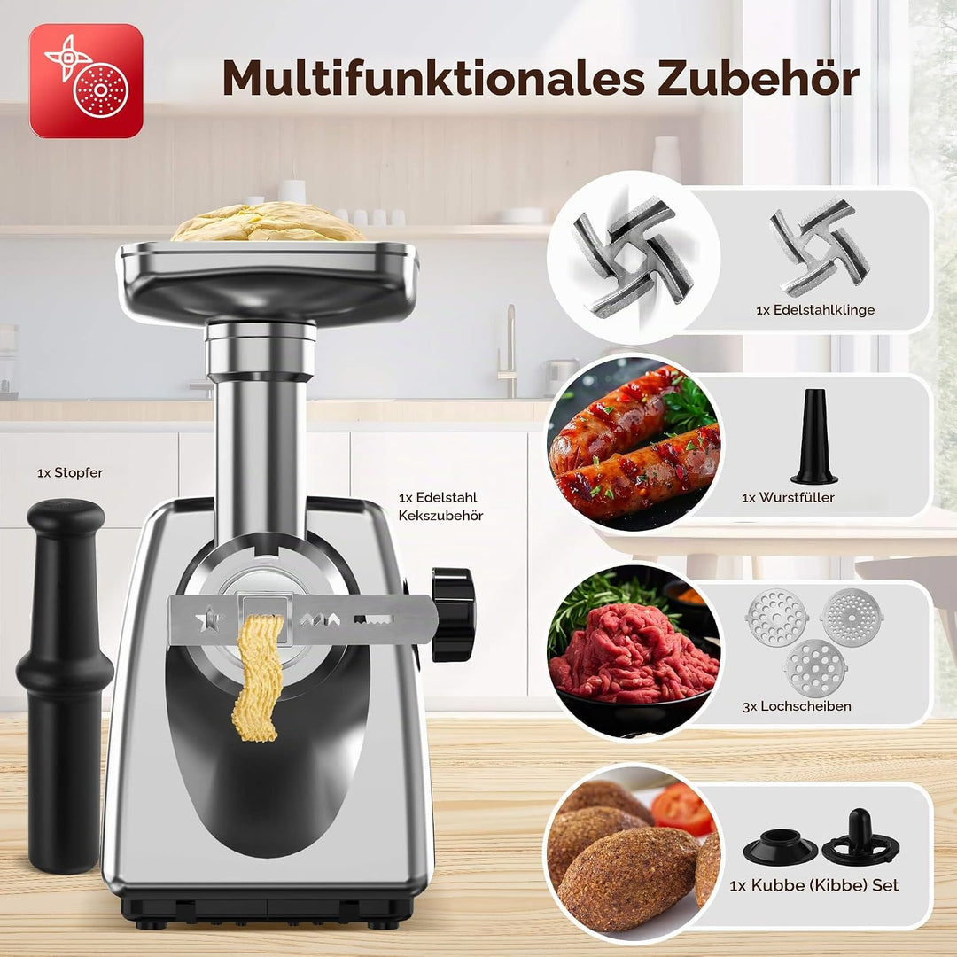 TurboTronic Elektrischer Fleischwolf Samurai – 2000W rostfreie Edelstahl Klingen Metallgetriebe best