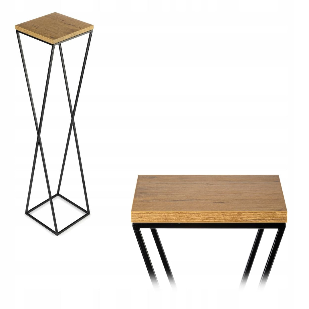 Pflanzenständer Metall 100 cm Hoch - Stabiler und Fester Blumenhocker mit Eiche Optik MDF-Platte auf