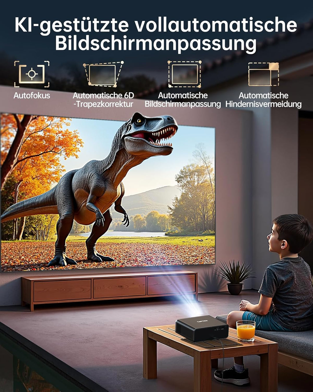 Smart Beamer 4K - [Kompatibel mit Netflix & Dolby Audio] 1000 ANSI Autofokus & 6D Trapezkorrektur, T