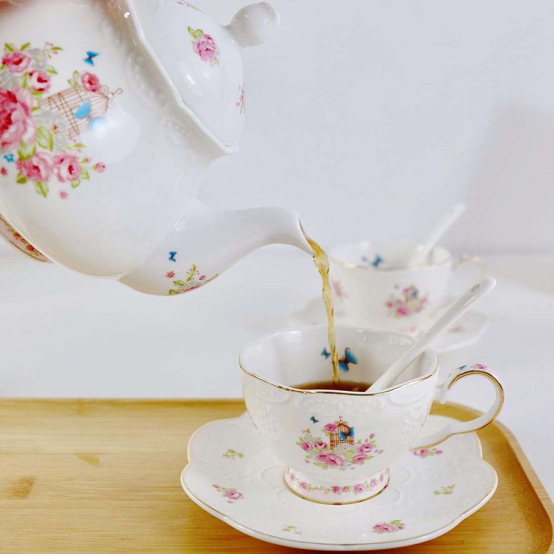 YBK Tech Strength Porzellan-Kaffeekanne, Keramik-Teekanne, rosa Rose (Teekanne + 2 Sets Tassen und U