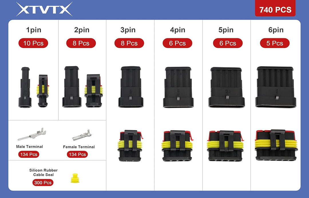 740pcs kfz Stecker,kfz Steckverbinder,kfz Stecker Wasserdicht,Wasserdichte Stecker 12v,mit Crimpzang