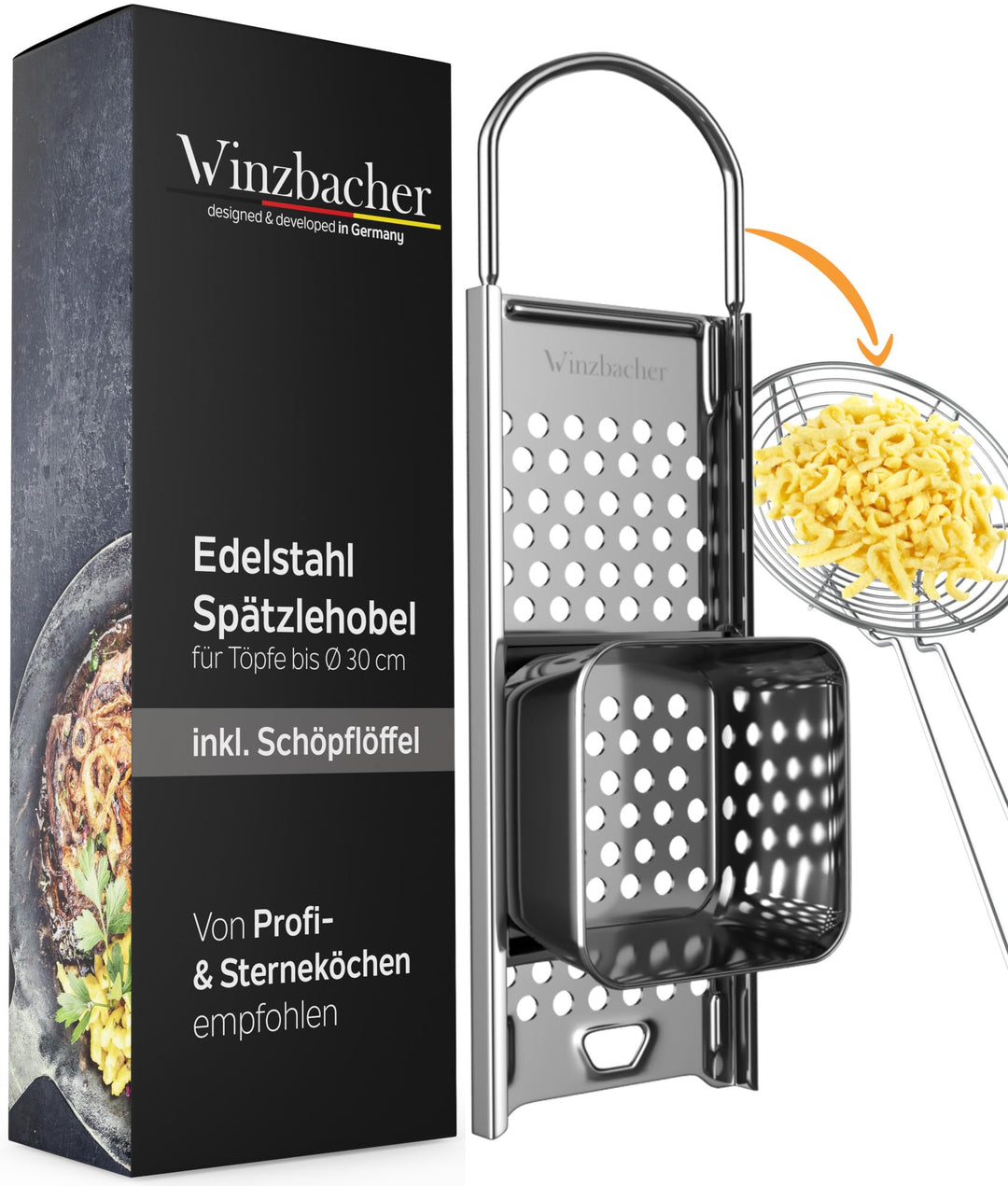 Winzbacher Edelstahl Spätzlehobel + Schöpflöffel [Topf Ø von 16-30cm] Spülmaschinenfest | Rostfrei |