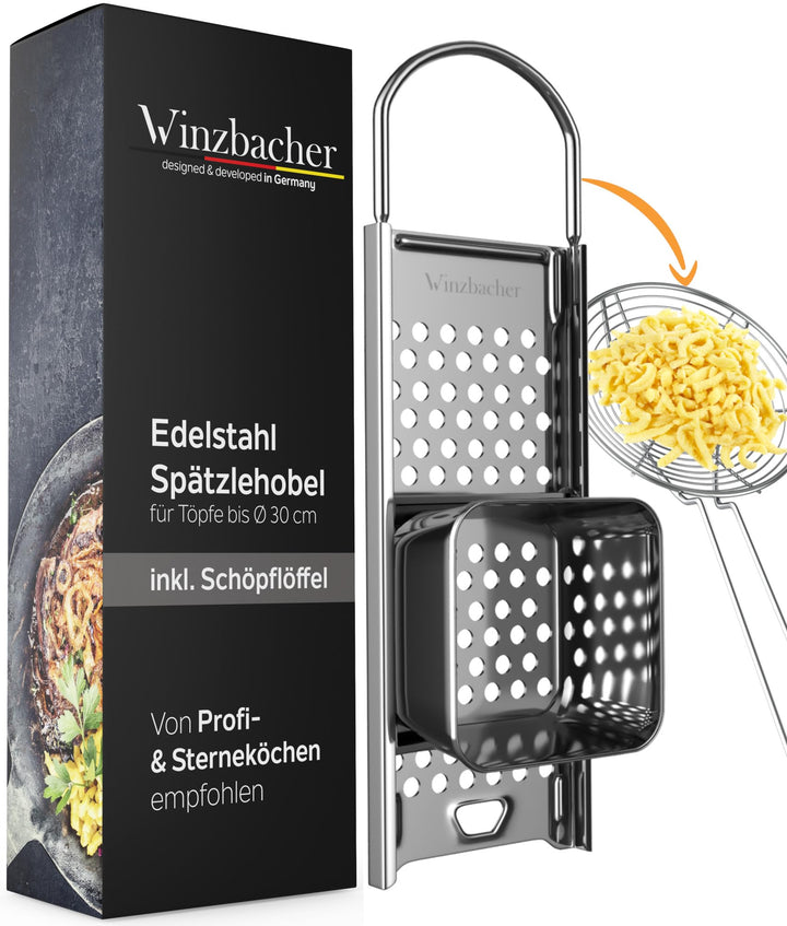 Winzbacher Edelstahl Spätzlehobel + Schöpflöffel [Topf Ø von 16-30cm] Spülmaschinenfest | Rostfrei |