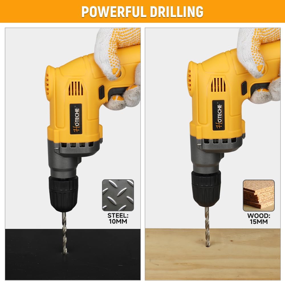 Hoteche 420W Elektrische Bohrmaschine, 0-4500 U/min, 10mm Metall/15mm Holz, 220-240V, 50/60Hz, mit K