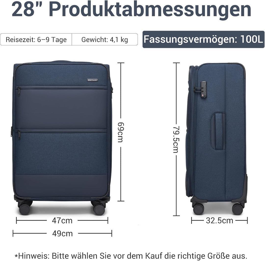 British Traveller Erweiterbarer Koffer Gross, 100L Stoff Reisekoffer mit Volumenerweiterung,4 Rollen