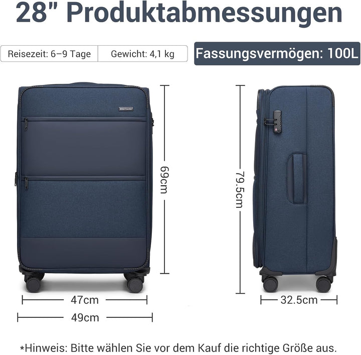British Traveller Erweiterbarer Koffer Gross, 100L Stoff Reisekoffer mit Volumenerweiterung,4 Rollen