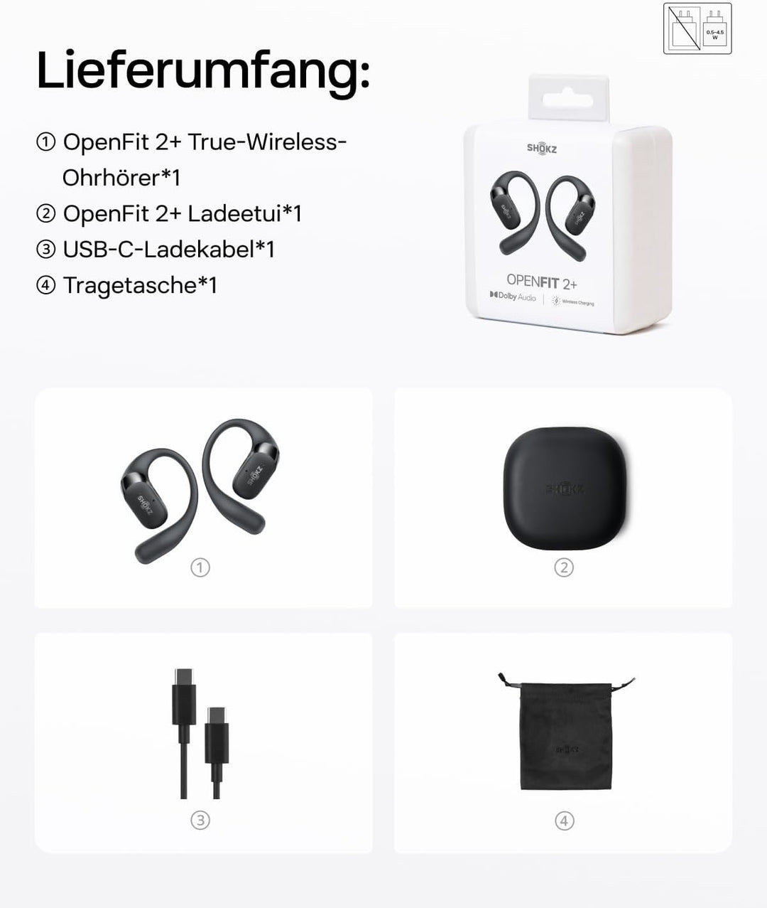SHOKZ OpenFit 2+ Neu Open-Ear-Kopfhörer, Dolby Audio Ohrbügel-Ohrhörer, 48 Std. Spielzeit, IP55 wass