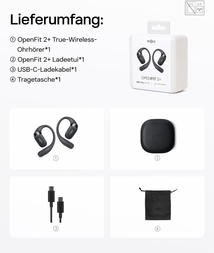 SHOKZ OpenFit 2+ Neu Open-Ear-Kopfhörer, Dolby Audio Ohrbügel-Ohrhörer, 48 Std. Spielzeit, IP55 wass