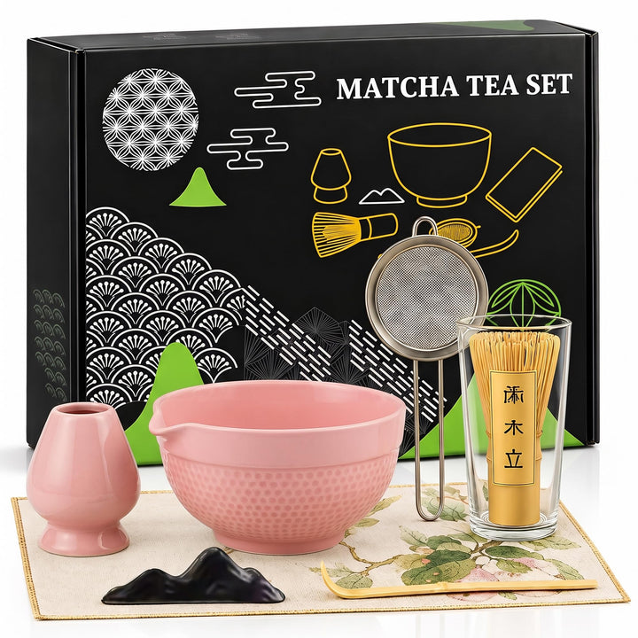 Matcha Set 7-teilig – Premium Tee Set mit Keramik Matcha Schale, Bambus Schneebesen (Chasen), Sieb &amp;