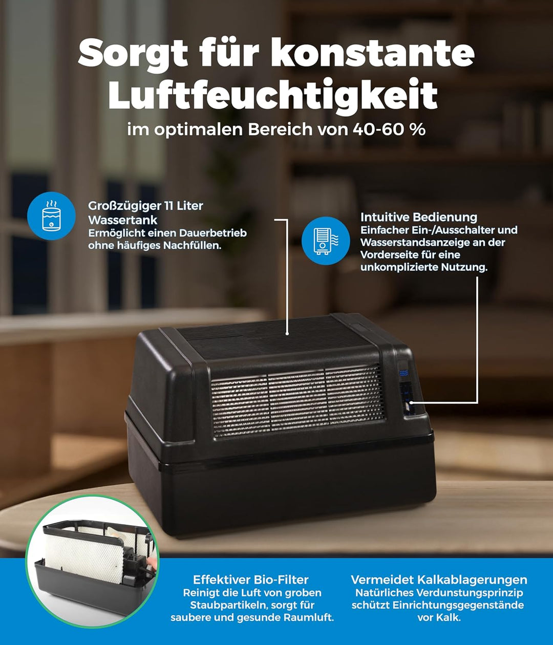 BRUNE Lufbefeuchter B 120 - Für Räume bis 130 m³ - Verdunstung mit Filter für gesundes Raumklima - 1