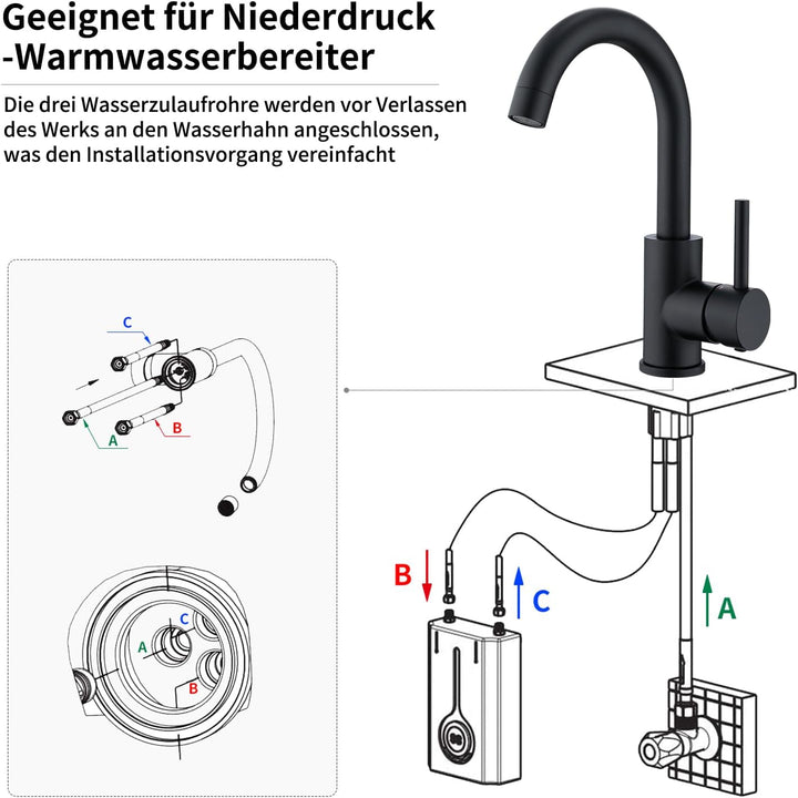 HOMELODY Niederdruck Armatur Bad/Küche Schwarz Waschtischarmatur 360° Drehbar Wasserhahn Bad Armatur