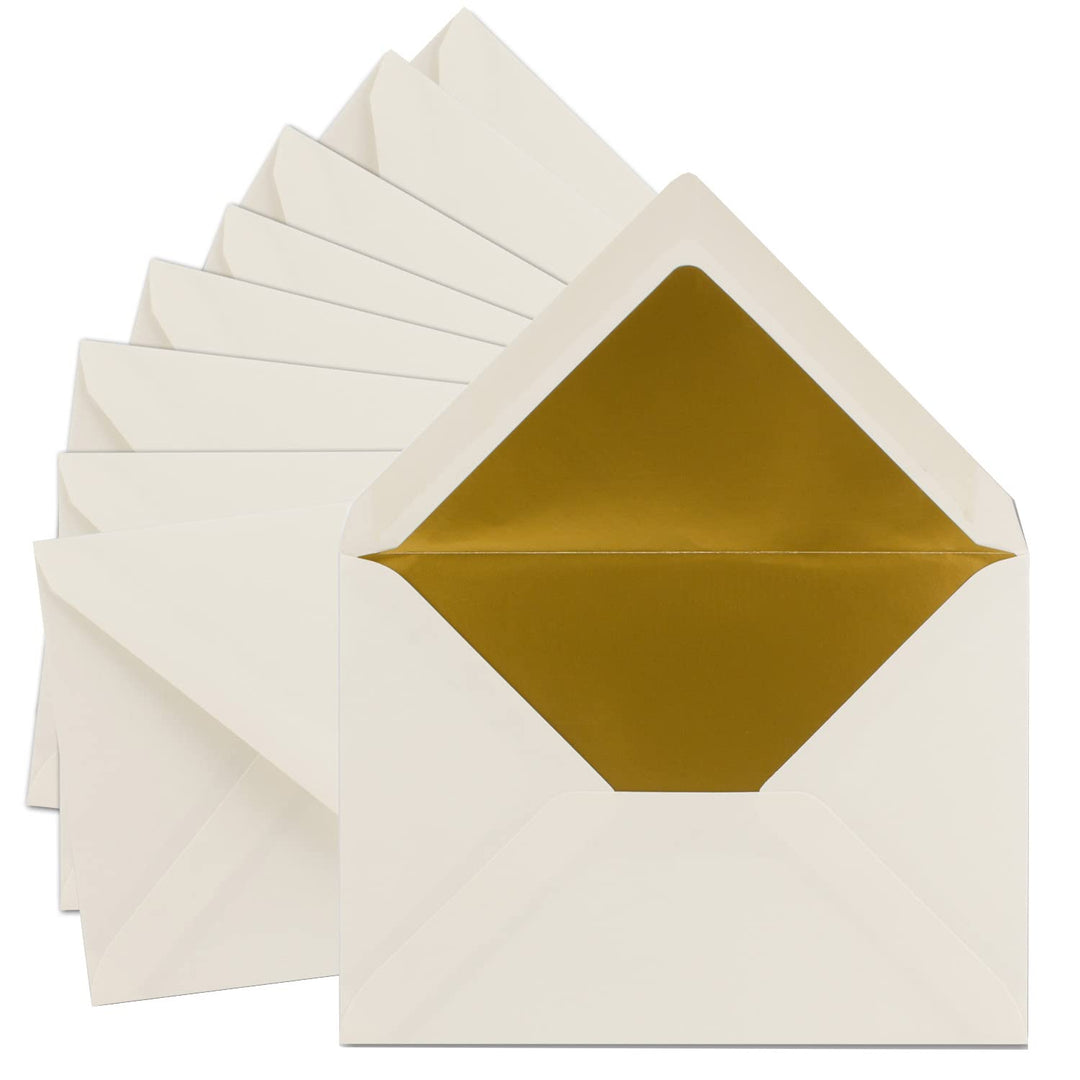 75x DIN C5 Kuverts 15,7 x 22,5 cm in natur-weiss mit goldenem Seidenfutter - Nassklebung - Blanko Br