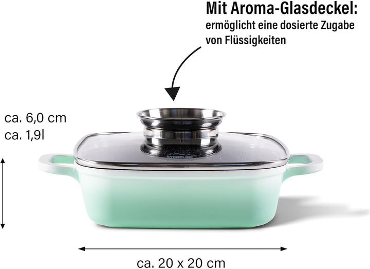STONELINE Servierpfanne Eckig 20 cm, Eckige Pfanne Induktion mit Deckel, Aroma Funktion, Aluguss, An