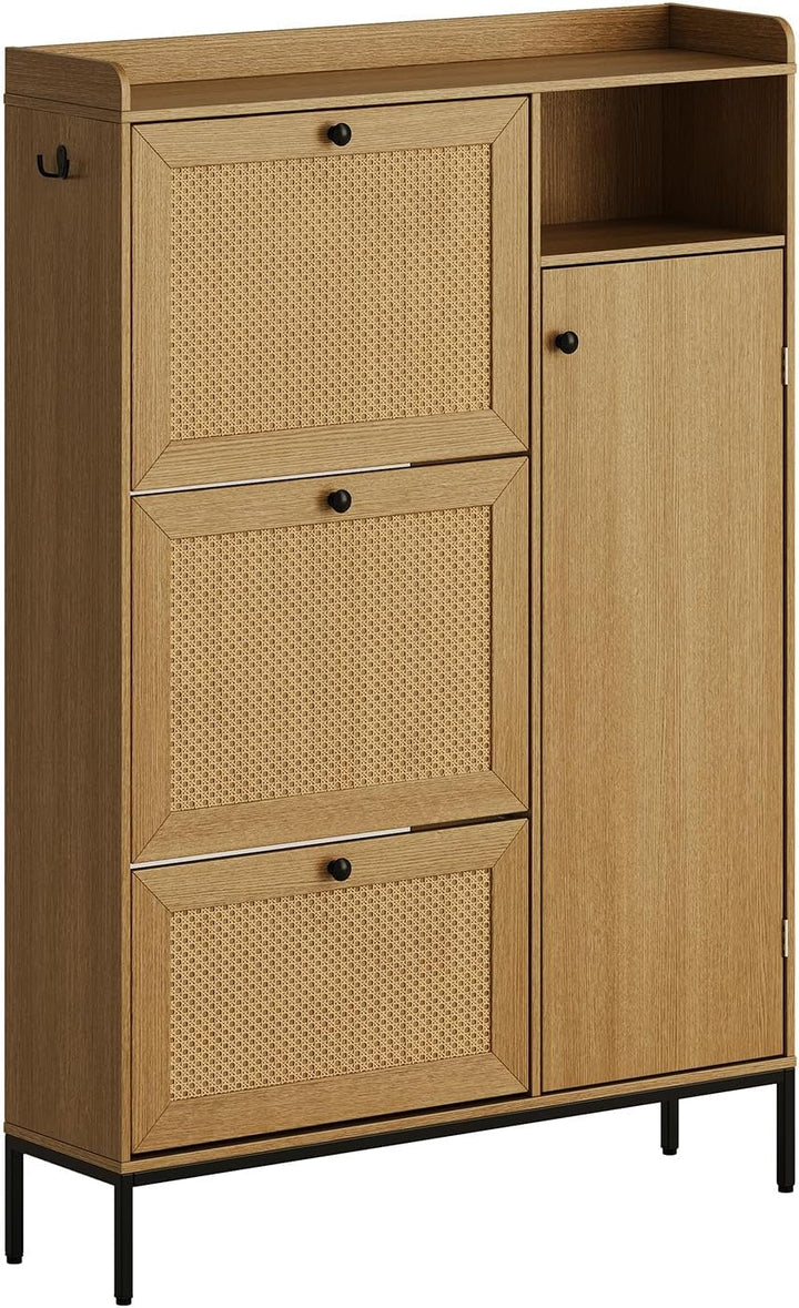 Garvee Schuhschrank Mit 3 Klappfächern &amp; 4 Offenen Regalen – Rattan-Design, Verstellbare Ablagen, Me