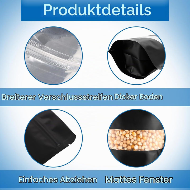 MIVIDE 100 Stück Wiederverschliessbare Mylar Beutel, 15 x 22 cm Standbodenbeutel mit Fenster Schwarz