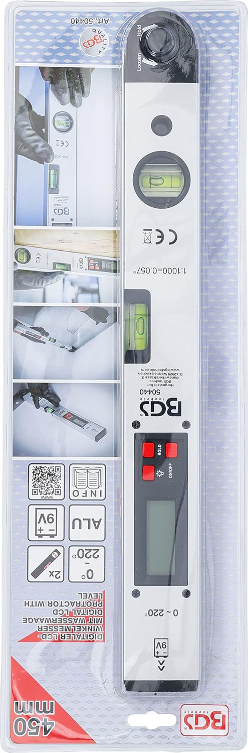 BGS 50440 | Digitaler LCD-Winkelmesser mit Wasserwaage | 450 mm | Winkelschmiege mit Feststellfunkti